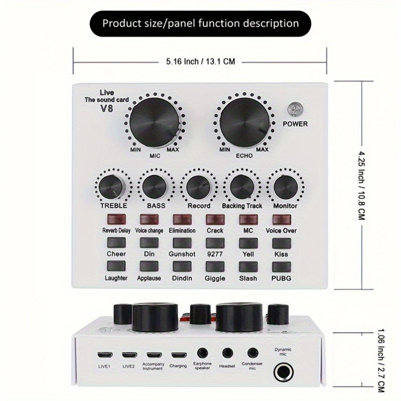 Interfaz de sonido V8 con cambiador de voz - Alimentado por USB, batería recargable de 500mAh, tarjeta de sonido negra ABS para grabación de PC, canto, transmisión y juegos, incluye micrófono y jacks de auriculares, tarjeta de sonido para juegos | Tarjet