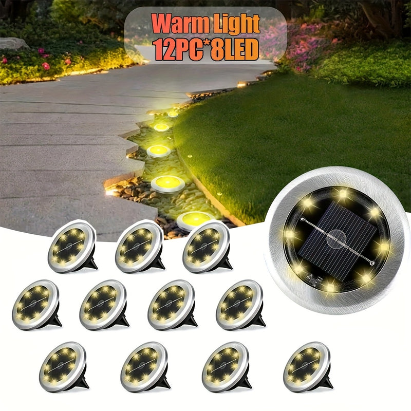 12 piezas de Luces Solares Inteligentes para Suelo, Luces Solares Exteriores para Pasos, 8/4 piezas de Luces para Caminos, Detección Inteligente de Luz, ideales para crear ambiente en escaleras, jardines, fiestas, bodas y regalos de cumpleaños, Luz Cálid