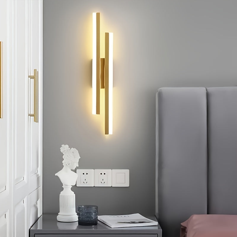 Aplique de pared LED moderno con temperatura de color ajustable en 3 tonos, acabado metálico envejecido, montaje semiempotrado para recámara y sala, incluye hardware de instalación, conexión directa 110-240V, sin necesidad de baterías, iluminación para r