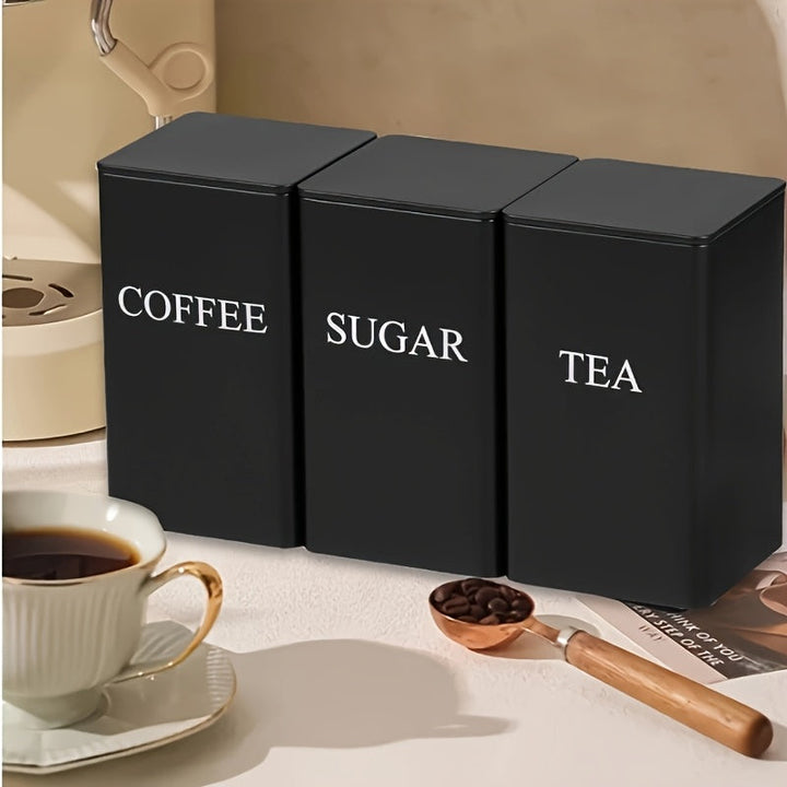 Jarrón de almacenamiento de hierro de tres piezas negro/beige, utilizado para almacenar tazas de té, azúcar y café en la cocina, adecuado para oficinas, almacenamiento en casa y comedor.