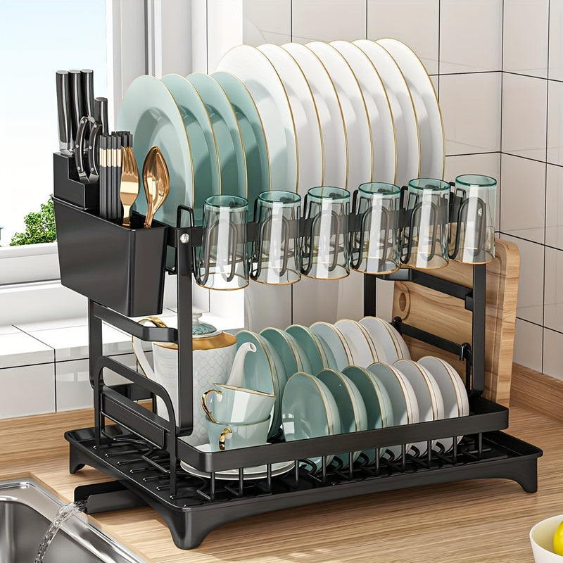 Estante de secado de platos de metal de 2 niveles con escurridor, estante de platos de cocina multifuncional con soporte para utensilios y tazas, ahorro de espacio, a prueba de óxido, negro