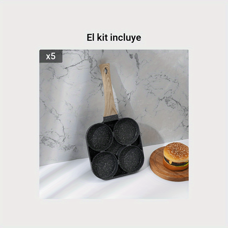 1 pieza Sartén de Huevo Antiadherente con Piedra Mica y Mango de Madera, Aleación de Aluminio para Desayuno, Tortitas y Hamburguesas, Preparación Rápida de Comidas Matinales | Diseño de Cuádruple Quemador | Superficie Antiadherente