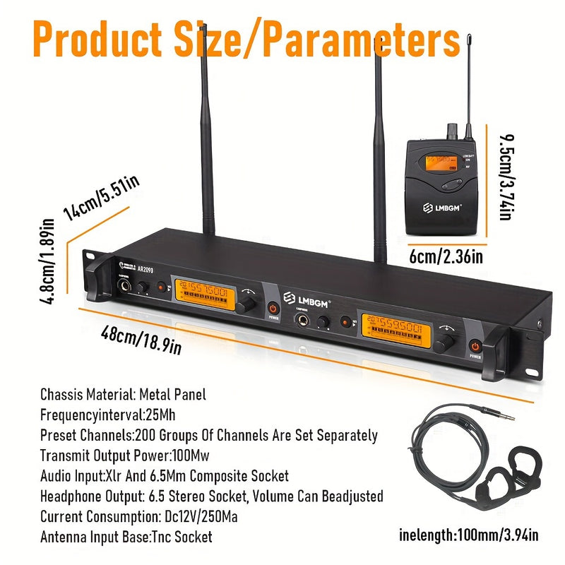 Sistema de Monitores Intraurales Inalámbricos UHF LMBGM AR2090 - Doble Canal, Control Táctil, Ideal para Músicos de Escenario y Estudio (Incluye 2 Cinturones y Transmisor), LMGBM