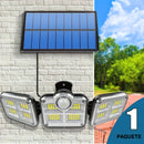 Luz de seguridad solar con sensor de movimiento, 3 cabezales con 122 luces LED ajustables, aplique de pared semirrehundido de plástico, control remoto, alimentado por energía solar con batería de iones de litio de 2400 mAh, panel fotovoltaico no removibl