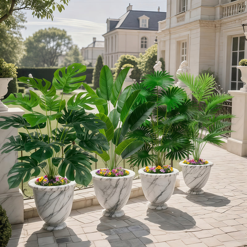Juego de 4 piezas para todas las estaciones, incluye 48 plantas artificiales de hojas grandes. Adecuado para exteriores - árboles decorativos tropicales de hoja ancha, macetas para interiores y exteriores todo el año, estilo nórdico para bodas