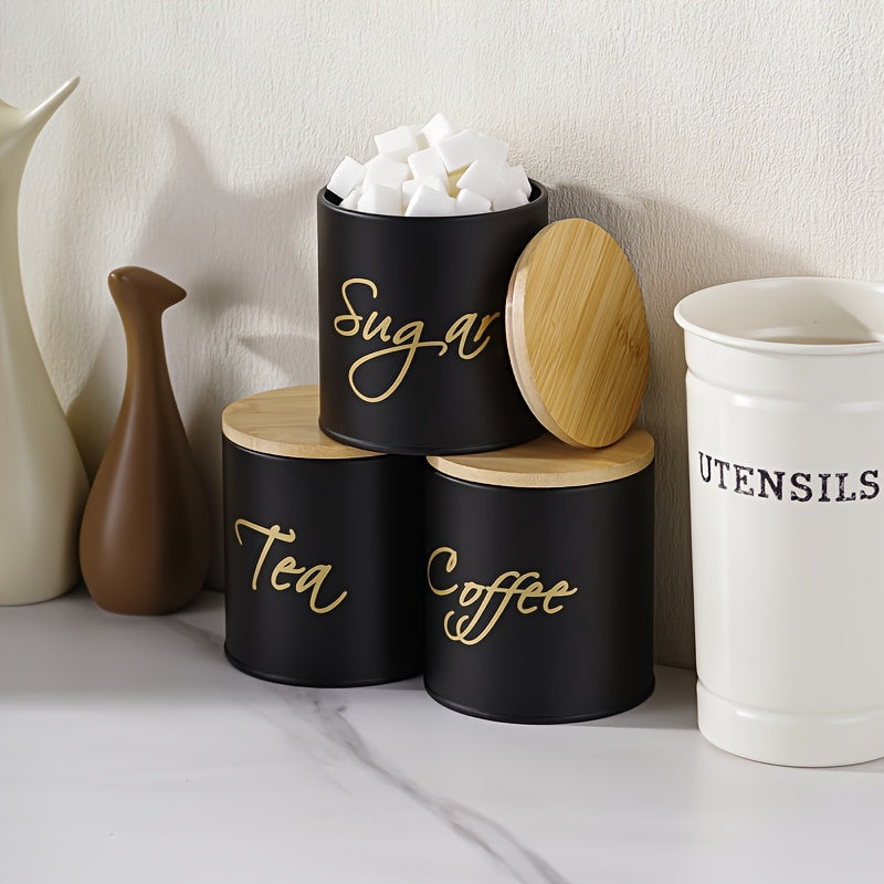 Juego de 3 tarros con tapa de bambú metálica sellados para café, dulces, té, botella de cocina y contenedor de alimentos para fiestas al aire libre
