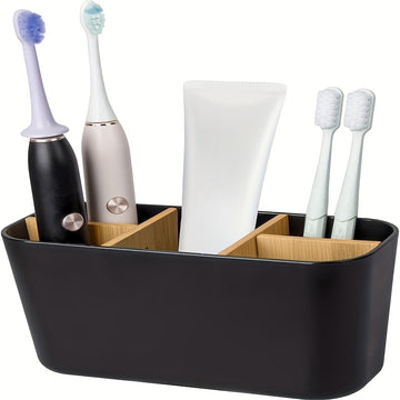 Portarrollos de dientes para baños, soporte de cepillo de dientes de bambú con 5 ranuras organizador de tocador para baño para cepillos de dientes eléctricos, pasta de dientes, rasuradoras - Negro