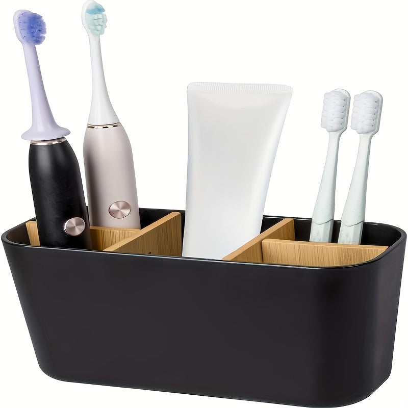 Portarrollos de dientes para baños, soporte de cepillo de dientes de bambú con 5 ranuras organizador de tocador para baño para cepillos de dientes eléctricos, pasta de dientes, rasuradoras - Negro