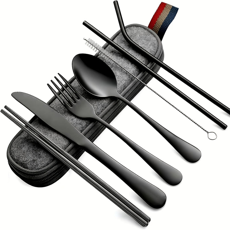 Utensilios Portátiles, Juego de Cubiertos para Viaje y Camping, 8 piezas incluyendo Cuchillo, Tenedor, Cuchara, Palillos, Cepillo de Limpieza, Pajitas, Estuche Portátil, Juego de Cubiertos de Acero Inoxidable