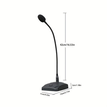 Micrófono de escritorio dinámico con cuello de cisne, construcción metálica, negro, conector de 6,35 mm, alimentado por batería (batería no incluida), voltaje de funcionamiento ≤36 V, para amplificador/altavoz/ordenador