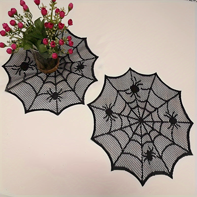 Cojines de red de araña para bebidas - 1 pieza, 2 piezas o 4 piezas, diseño de red de poliéster negro con acordes rojos, perfecto para decoraciones de fiestas de Halloween y uso doméstico, vajilla espeluznante | Decoración de patrón de red | Bebida durad