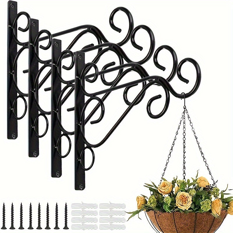 4 piezas de ganchos de pared de metal negro de alta resistencia para colgar macetas, faroles y luces de césped - Incluye tornillos, fácil de instalar, no necesita energía, ideal para decoración al aire libre e interior, decoración de jardín | Decoración