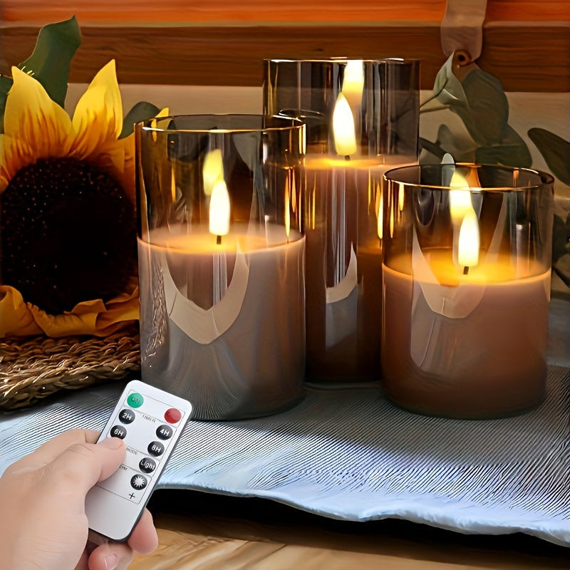Juego de 3 velas sin llama, velas LED con batería, llama parpadeante, control remoto, ideal para hogar, dormitorio, propuesta de matrimonio, Navidad, Halloween, fiestas y decoración