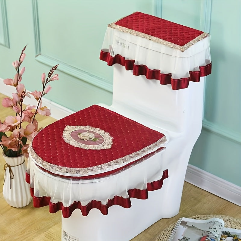 Juego de Tres Cubiertas para Asiento de Inodoro, Alfombrilla Universal de Estilo Europeo Doble Cara con Cierre y Arte en Encaje para Todas las Estaciones