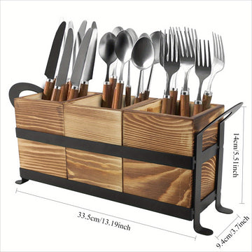 1pc Portaútiles, Bola de Utensilios Rústica con 3 Compartimentos, Organizador de Cocina para Encimera, Caja de Madera para Cubiertos, Tenedor, Cuchara y Espátula, Estilo Granja