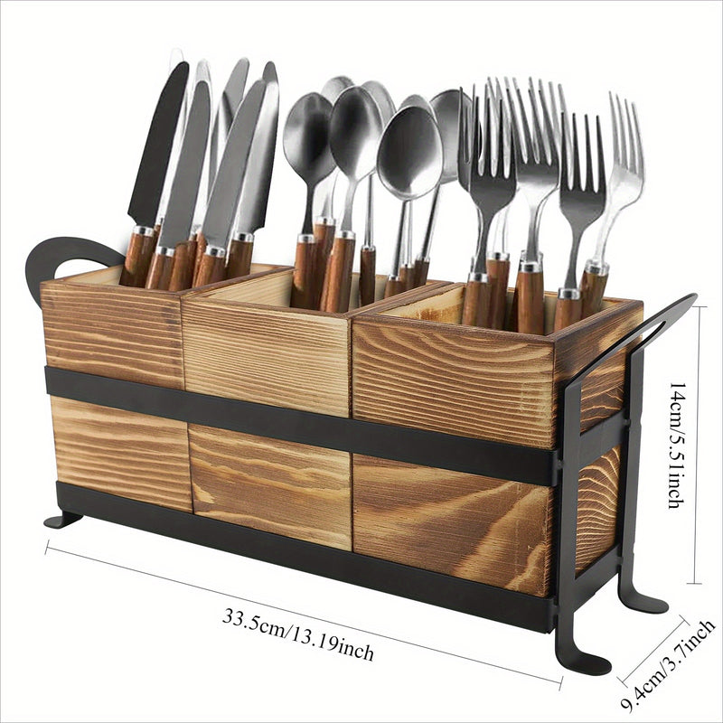 1pc Portaútiles, Bola de Utensilios Rústica con 3 Compartimentos, Organizador de Cocina para Encimera, Caja de Madera para Cubiertos, Tenedor, Cuchara y Espátula, Estilo Granja