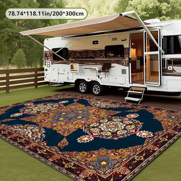 Alfombra Decorativa de Terciopelo Diamante Dorado + Base Antideslizante Plástica, Estampado 2D con Patrón Tradicional Exquisito, Estilo Clásico para Picnics, RVs, Balcones, Terrazas y Camping, Uso en Interiores y Exteriores, Varios Tamaños Disponibles