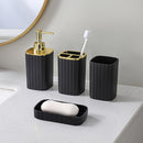 Juego de accesorios de baño de 6 piezas negro con soporte de cepillo de dientes, dispensador de jabón, bote de basura, cepillo de inodoro y soporte, plato de jabón - Plástico duradero, reutilizable, montaje en suelo