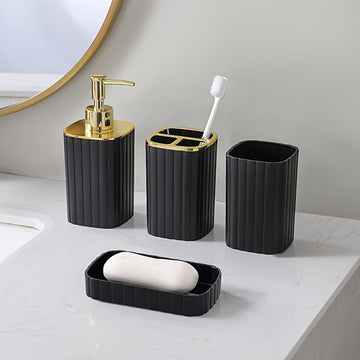 Juego de accesorios de baño de 6 piezas negro con soporte de cepillo de dientes, dispensador de jabón, bote de basura, cepillo de inodoro y soporte, plato de jabón - Plástico duradero, reutilizable, montaje en suelo