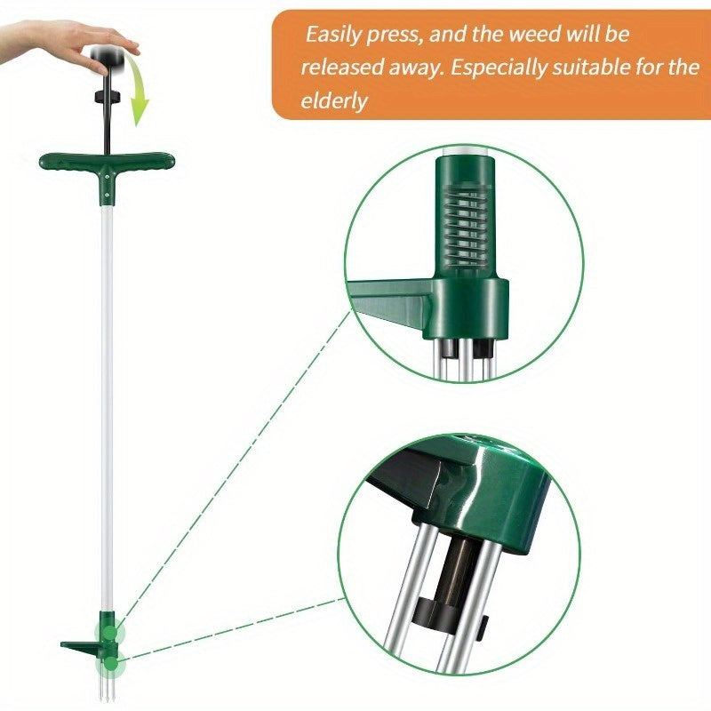 Desmalezadora Manual con Mango Largo de 3 Púas para Sacar Malas Hierbas en el Jardín, Extracción Vertical de Raíces y Recogedor, Paquete de 1