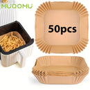MUOOMU 50/100/150/200 piezas de papel para horno de aire frito cuadrado, papel desechable para hornear, suministros de cocina para el hogar, 5,00 mm de espesor, resistente al agua, papel de pergamino perforado para cocinar de manera saludable, hornear y