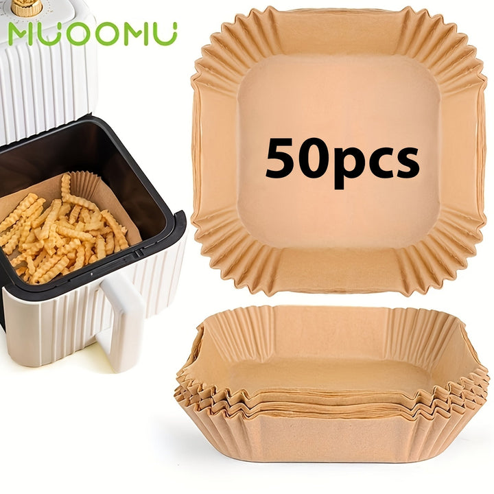 MUOOMU 50/100/150/200 piezas de papel para horno de aire frito cuadrado, papel desechable para hornear, suministros de cocina para el hogar, 5,00 mm de espesor, resistente al agua, papel de pergamino perforado para cocinar de manera saludable, hornear y