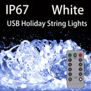 Luces de cadena de vacaciones impermeables blancas de 15.24/30.48/49.99 metros, alimentadas por USB con control remoto, velocidad de parpadeo ajustable, luces de Navidad impermeables IP67, adecuadas para Navidad, Día de San Valentín, decoración de ambien