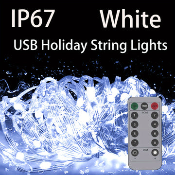 Luces de cadena de vacaciones impermeables blancas de 15.24/30.48/49.99 metros, alimentadas por USB con control remoto, velocidad de parpadeo ajustable, luces de Navidad impermeables IP67, adecuadas para Navidad, Día de San Valentín, decoración de ambien