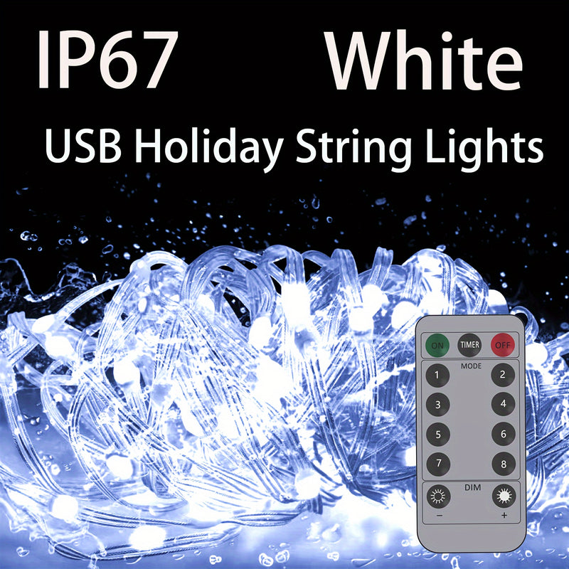 Luces de cadena de vacaciones impermeables blancas de 15.24/30.48/49.99 metros, alimentadas por USB con control remoto, velocidad de parpadeo ajustable, luces de Navidad impermeables IP67, adecuadas para Navidad, Día de San Valentín, decoración de ambien
