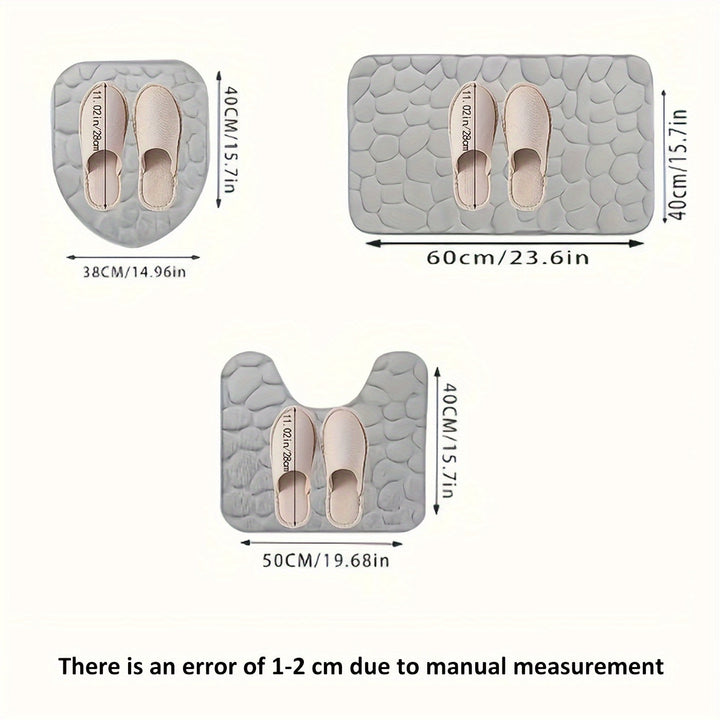 Juego de 3 alfombras de baño con relieve en forma de adoquines, ultra suaves y antideslizantes, alfombras absorbentes para bañera con contorno en forma de U clásico, accesorios y suministros para baño