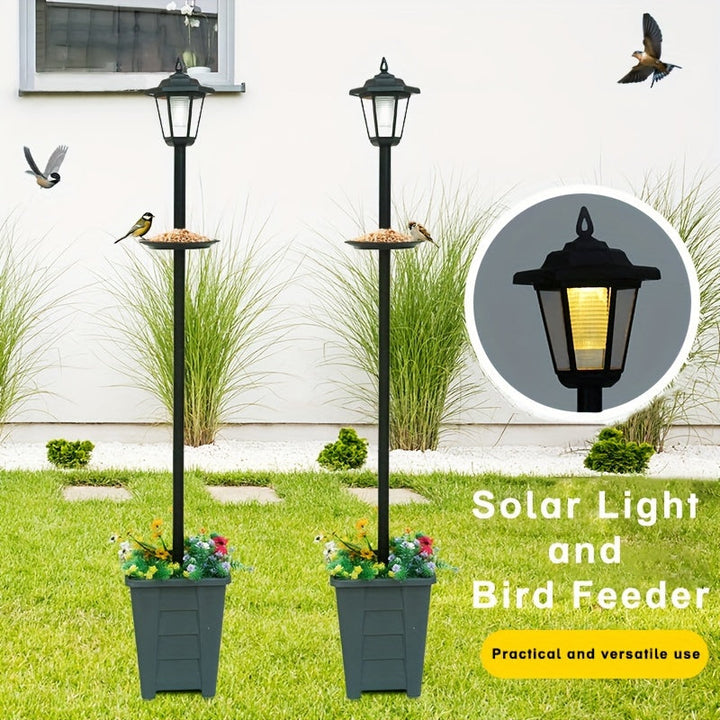 Comedero para pájaros solar retro con maceta inferior, ideal para decoración de jardín, lámpara solar creativa de doble nivel para ambiente exterior