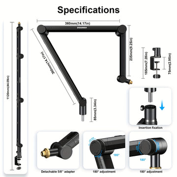 Brazo de suspensión para micrófono AOKEO AK-49 avanzado con gestión de cables de audio, brazo ajustable en 3 niveles para micrófonos Yeti, Snowball, iCE, HyperX, QuadCast, SoloCast, Elgato Wave - Montaje de escritorio en aleación resistente, ocultación d