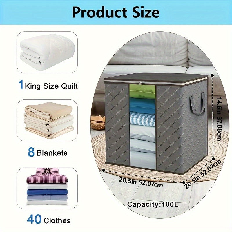 3 Bolsas de Almacenamiento Extra Grandes con Asas Reforzadas - Organizadores Plegables de 100L para Ropa, Mantas y Ropa de Cama, Ventana Transparente, Apilables - Gris