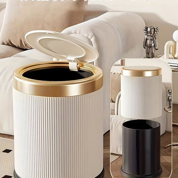 1pc Cubo de Basura Sin Manos con Tapa que se Abre Presionando, Diseño Cilíndrico Moderno y Duradero para Hogar Oficina Cocina Dormitorio, Detalles en Blanco y Dorado, Cesta Compacta Ahorra Espacio, Papelera Elegante, Cubo de Plástico Estilo, Diseño Funci