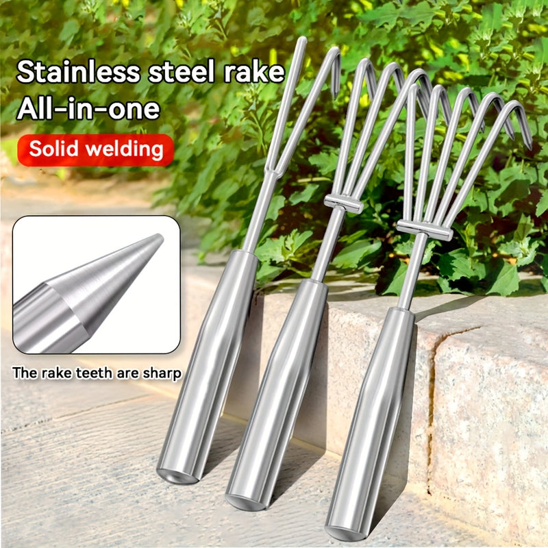 Juego de 3 piezas de pinzas de acero inoxidable reforzado con dientes semiesféricos y mango antideslizante. Incluye rastrillo de playa, herramienta de cuchara para jardinería y suelo duro. Kit de herramientas multiusos duraderas y resistentes a la herrum
