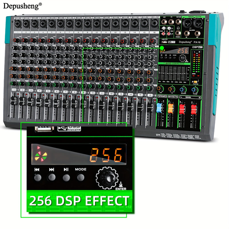 Consola de Mezcla de Audio Profesional DEPUSHENG - PA12/PA16, 12/16 Canales con Interfaz, Amplificador de Potencia, ABS Negro, Enchufe US, 110-130V