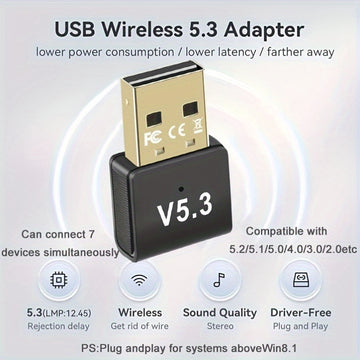 Adaptador de red USB '5.3 Adaptador inalámbrico, enchufa y juega sin controlador, admite conexiones de varios dispositivos para auriculares/altavoces/tabletas/teclados y ratones/controladores de juegos/máquinas de grabado/ordenadores/teléfonos móviles