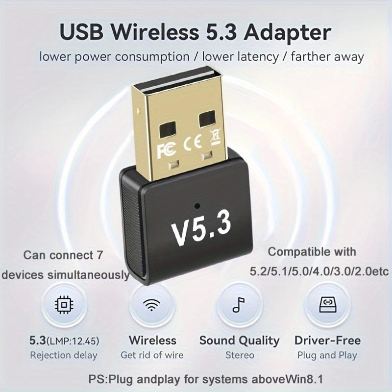 Adaptador de red USB '5.3 Adaptador inalámbrico, enchufa y juega sin controlador, admite conexiones de varios dispositivos para auriculares/altavoces/tabletas/teclados y ratones/controladores de juegos/máquinas de grabado/ordenadores/teléfonos móviles
