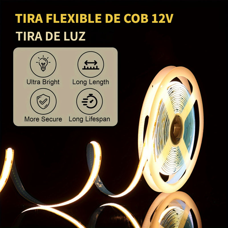 Barra de Luz Flexibles COB de 12V - Ultrabrillante, Duradera, Fácil Instalación para Dormitorio, Cocina, Escaleras y Decoración del Hogar, Luz LED Blanca Natural/Cálida/Fria, Opciones de 99.97/499.87cm