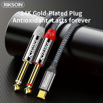 RIKSOIN Cable Y-Splitter de Audio Estéreo Trenzado de Alta Fidelidad USB-C a Dual 6.35mm TS, Conectores Chapados en Oro - Ideal para Amplificadores, Consolas de Mezcla, Altavoces, Smartphones y Portátiles