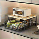 Estante de microondas para cocina negro/ blanco con cajón - Estructura sólida de madera y metal, organizador de encimera que ahorra espacio para electrodomésticos, utensilios y tazas - No requiere electricidad, diseño elegante, construcción duradera