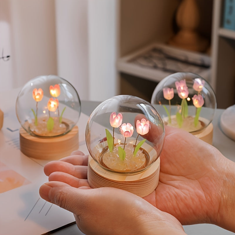 1 lámpara de mesa moderna de tulipán de vidrio soplado a mano, con patrón de flores, control de encendido/apagado, luz decorativa para habitación, incluye fuente de luz - Ideal para Día de la Madre o cumpleaños (pilas no incluidas)