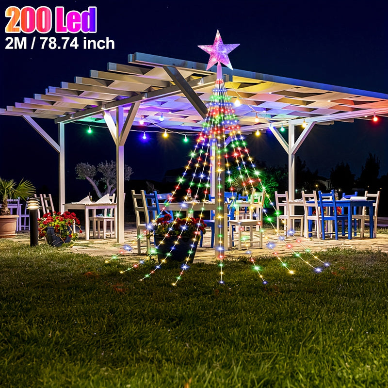 1pc 298.7cm 280 LED Luz de cascada de estrella de cinco puntas, luz solar para acampar al aire libre, 8 modos de luz de cuerda para exteriores, utilizada para decorar la ventana del jardín, cortina de decoración del patio, árbol de Navidad, fiesta en cas