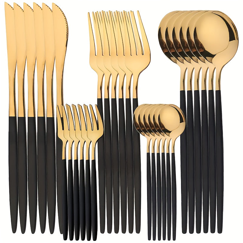 Juego de cubiertos de acero inoxidable, 30 piezas, dorado y dorado con mango negro, pulido espejo, resistente, apto para lavavajillas, incluye tenedores, cuchillos y cucharas