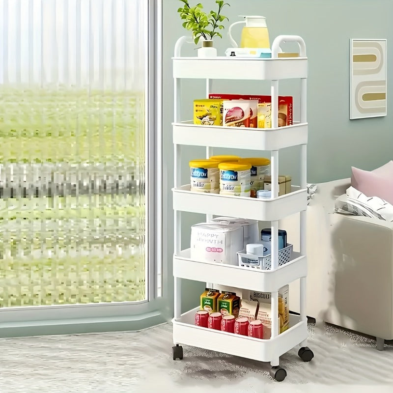 Carro de almacenamiento de 4 niveles con ruedas rodantes - Plástico duradero, fácil de mover, ideal para cocina, baño, dormitorio - Blanco, ruedas de rodadura suave, diseño de almacenamiento abierto para organizar lo esencial, carrito de utilidad moderno