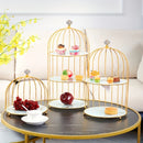 Elegante Soporte para Pastel de Doble Capa con Forma de Jaula de Pájaros - Exhibidor de Postres de Hierro Fundido Dorado para Sala de Estar, Perfecto para Aperitivos, Frutas y Dulces