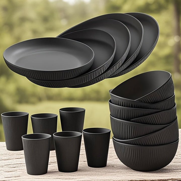 Juego de vajilla irrompible de 18 piezas, apto para lavavajillas y microondas, incluye platos, tazones y vasos, ideal para cocina, residencia estudiantil, camping, autocaravana y picnic