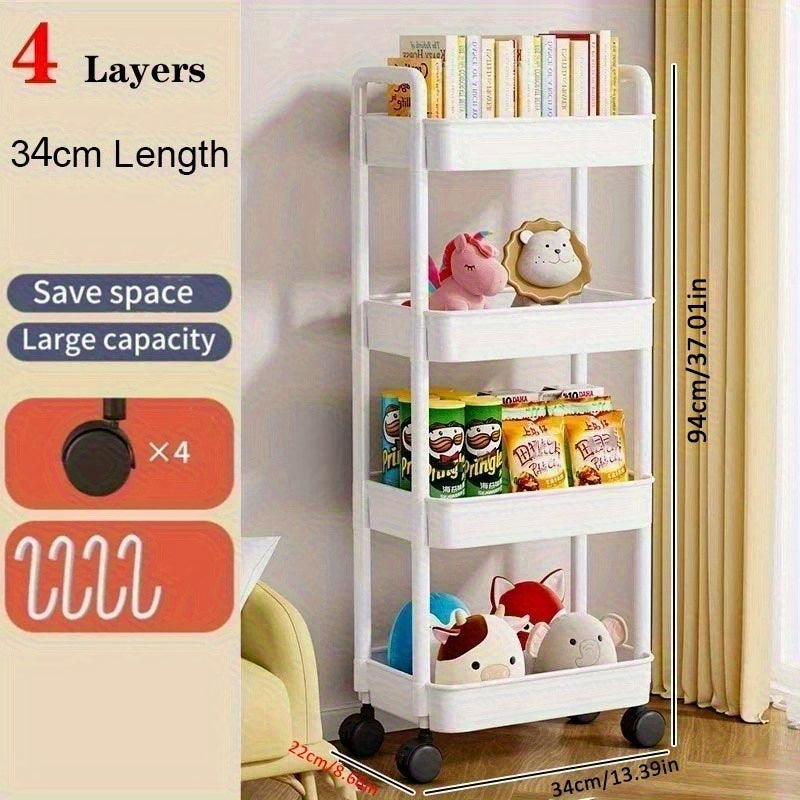 Carro de Almacenamiento Rodante de 3/4 Niveles - Plástico Duradero con Ruedas Silenciosas de 360° para Fácil Movimiento, Disponible en Blanco y , Incluye 4 Ganchos Pequeños, Ideal para Organización del Baño & Dormitorio, Libros y Artículos Esenciales del