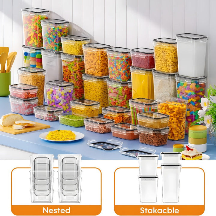 Juego de 16 piezas de recipientes para almacenar alimentos, con 8 frascos y 8 tapas, hecho de plástico libre de BPA, ideal para organizar la despensa, apilables y reutilizables