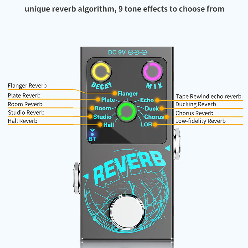 Pedal de Reverb Digital Negro 9-en-1 con Perillas Iluminadas - Incluye Flanger, Plate, Room, Studio, Hall, Tape Echo, Ducking, Chorus, Efectos Low-Fi - Decaimiento/Mix Ajustable, Acompañamiento Inalámbrico, Alimentación DC y Tipo-C, Gran Interruptor de P
